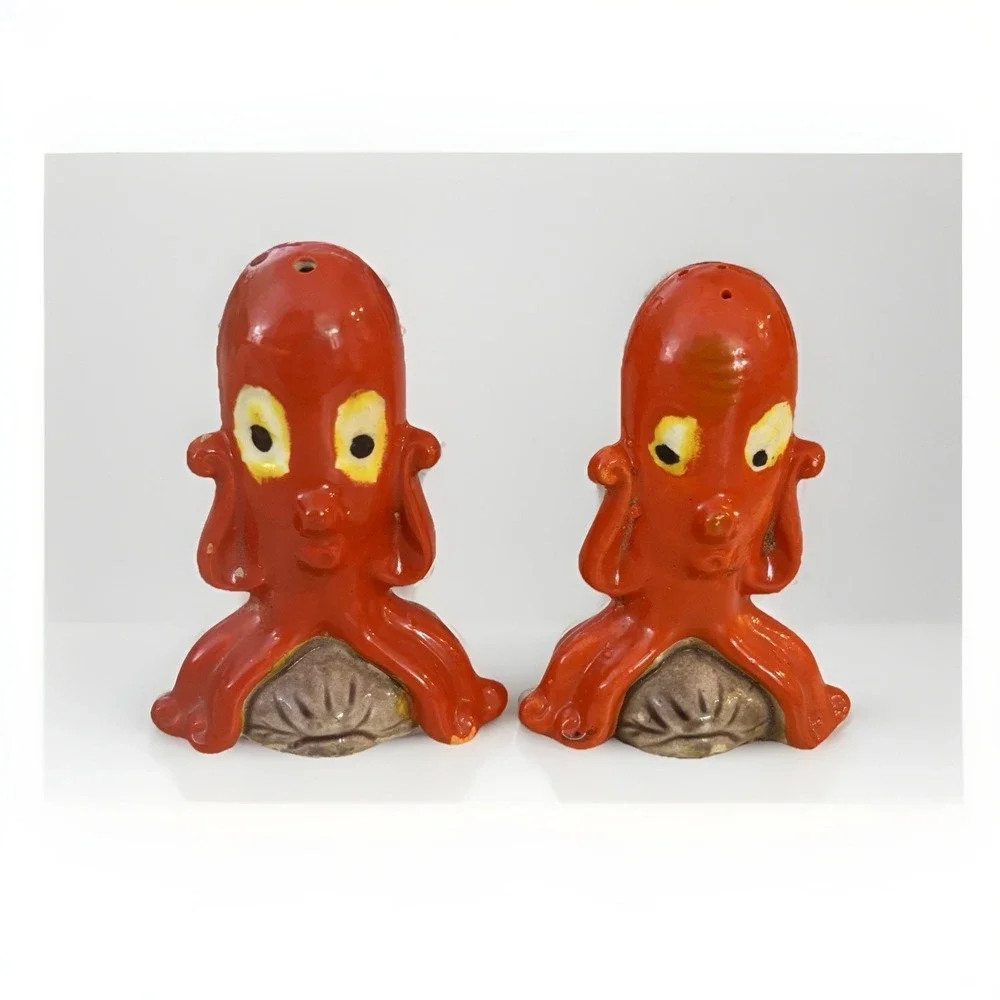 Vintage Orange Red Octopus Salt‎ And Pepper Shakers Sea Creatures Japan B24#40